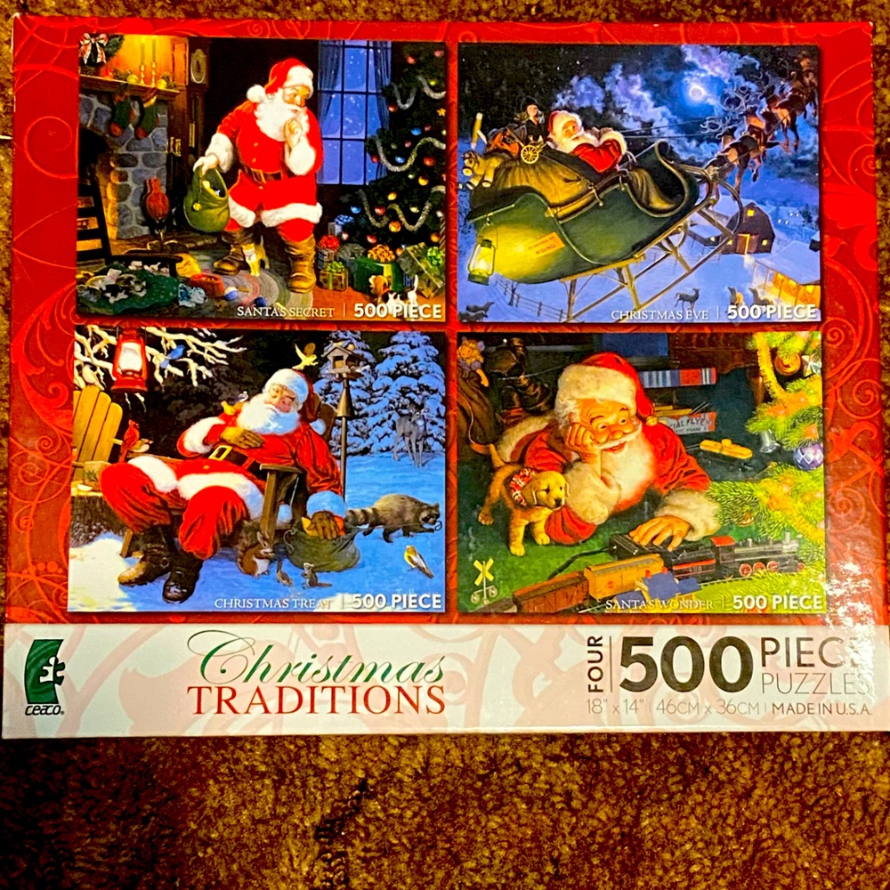 Ceaco brand Christmas Puzzle Set- set of (4) 500 count puzzles- 18”x14” size